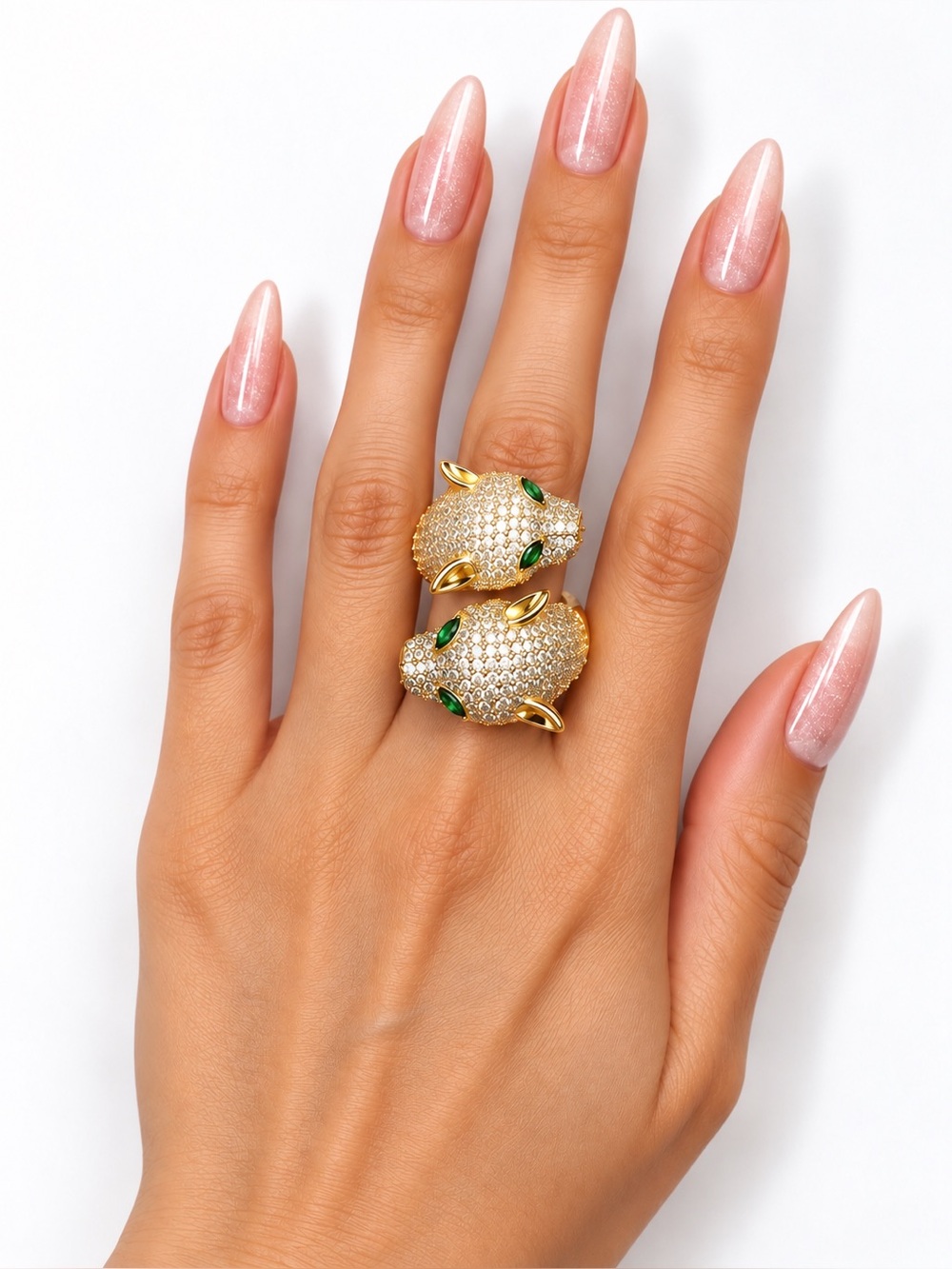 Leopard Statement Ring  Double Panther Ring Crystal Animal Green Eyes Gift
